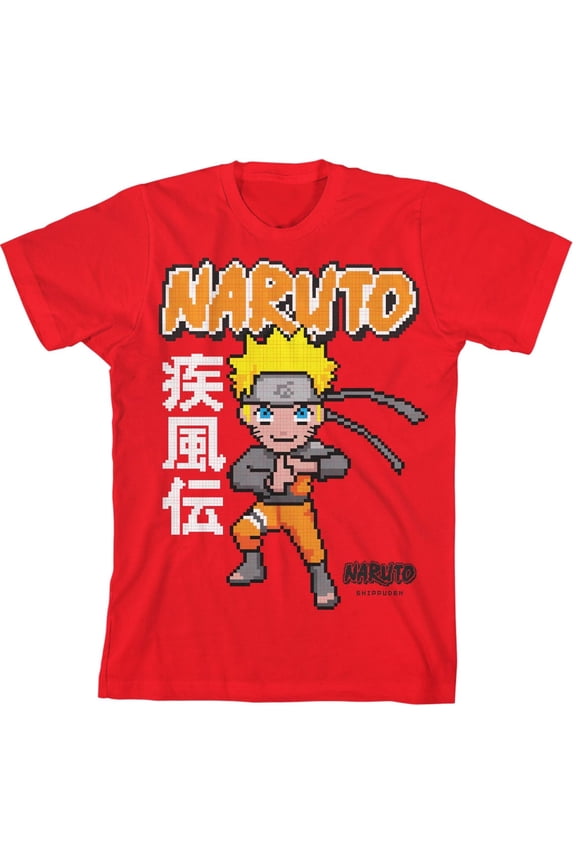 Naruto Shippuden Chibi Character Pixel Art Boys Red Graphic Tees T-shirt-XS