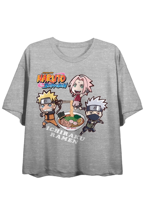Naruto Shippuden Chibi Characters Eating Ramen Athletic Heather Women's Crop-L