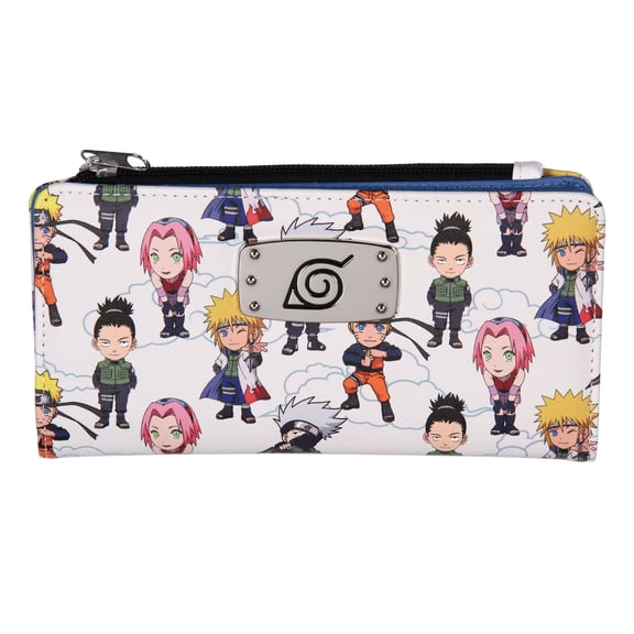 Naruto Shippuden Chibi Figures Snap Closure Faux Leather Wallet For Women w/ Metal Hidden Leaf Village Logo