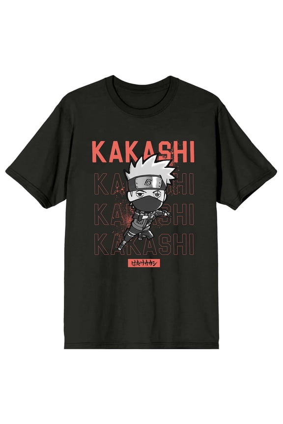 Naruto Shippuden Chibi Kakashi Crew Neck Short Sleeve Men's Black T-shirt-Large