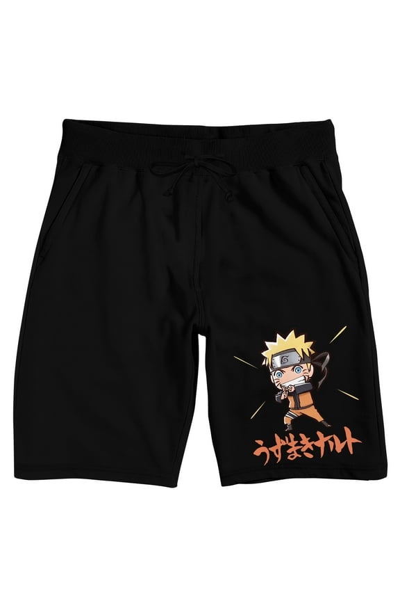 Naruto Shippuden Chibi Naruto Kanji Name Text Adult Black Sleep Pajama Shorts-XS