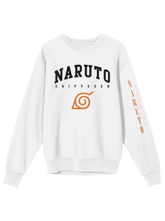 Naruto Shippuden Collegiate Text Crew Neck Long Sleeve Men's White Sweatshirt-Medium