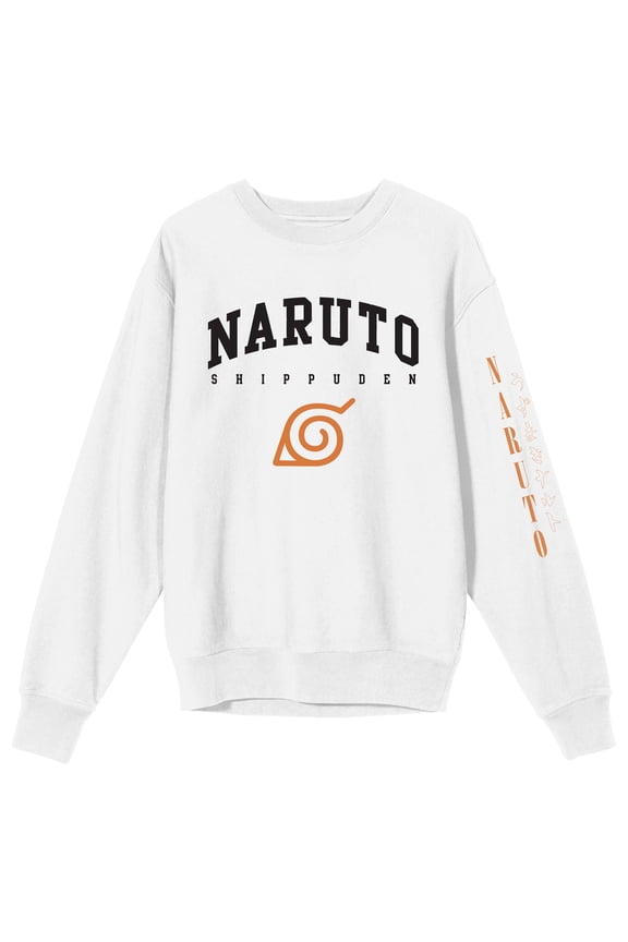 Naruto Shippuden Collegiate Text Crew Neck Long Sleeve Men's White Sweatshirt-Small