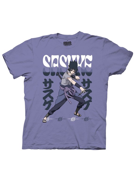 Naruto Shippuden Fighting Stance Sasuke With Name Adult T-Shirt