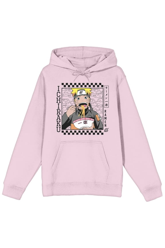 Naruto Shippuden Ichiraku Checker Border Long Sleeve Cradle Pink Men's Hooded Sweatshirt-Large