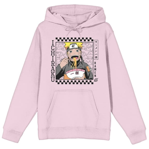 Naruto Shippuden Ichiraku Checker Border Long Sleeve Cradle Pink Men's Hooded Sweatshirt-Medium