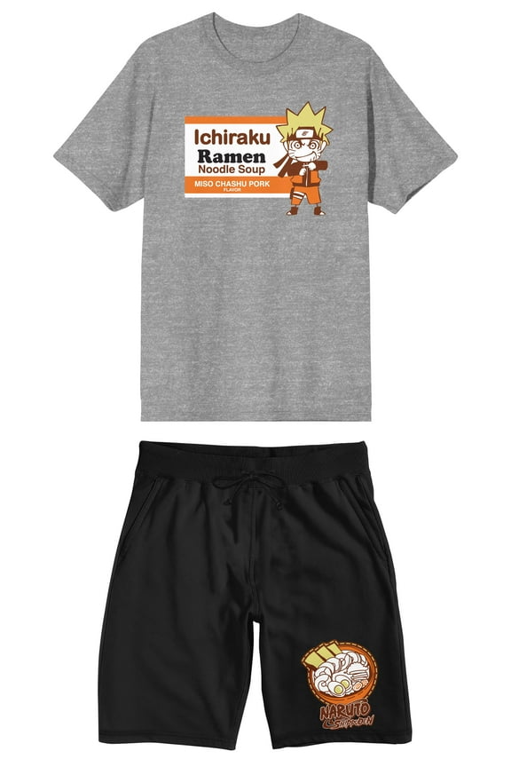 Naruto Shippuden Ichiraku Ramen Chibi Character Men's Graphic T-shirt & Sleep Short Set-XXL