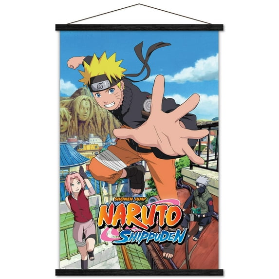 Naruto Shippuden - Jump Wall Poster with Wooden Magnetic Frame, 22.375" x 34"