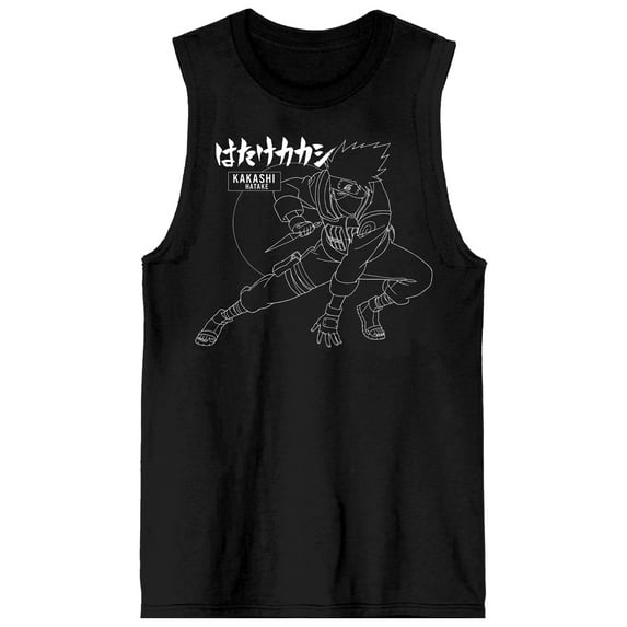 Naruto Shippuden Kakashi Line Art Crew Neck Sleeveless Men's Black Tank Top-Medium
