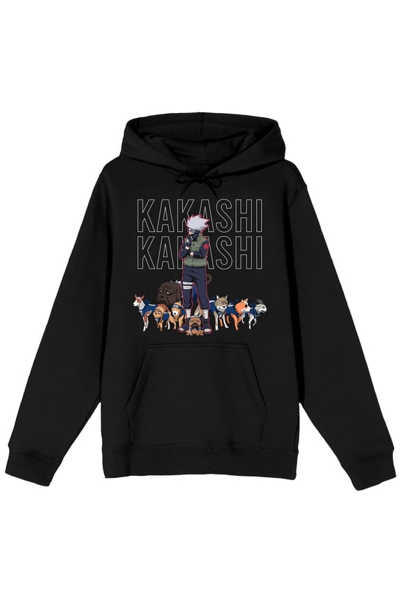 Naruto Shippuden Kakashi With Wolves Long Sleeve Black Adult Hooded Sweatshirt-Medium