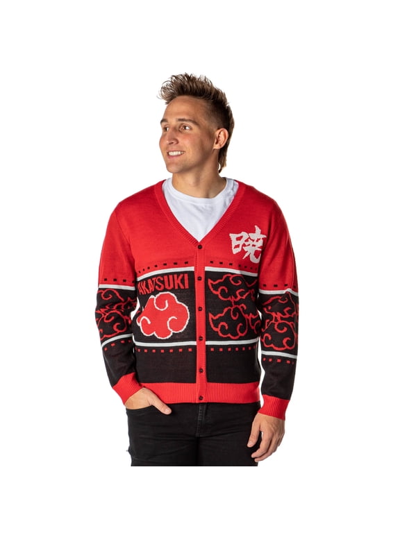 Naruto Shippuden Men's Akatsuki Red Cloud Ugly Christmas Sweater Button-Up Knit Cardigan