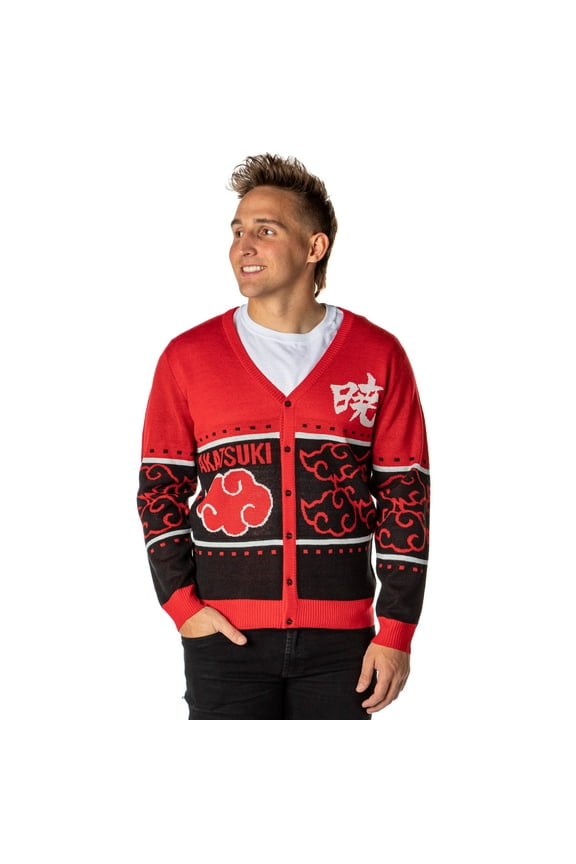 Shippuden Men's Akatsuki Red Cloud Ugly Christmas Sweater Button-Up Knit Cardigan