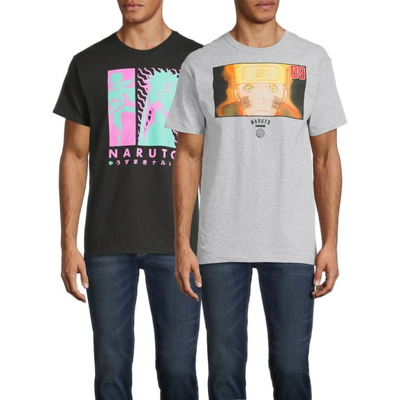 Naruto Shippuden Men's & Big Men's Neon Anime Graphic Tees Shirts, 2-Pack, Sizes S-3XL, Naruto Anime Men's Tee Shirts