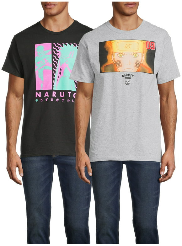 Naruto Shippuden Men's & Big Men's Neon Anime Graphic Tees Shirts, 2-Pack, Sizes S-3XL, Naruto Anime Men's T-Shirts