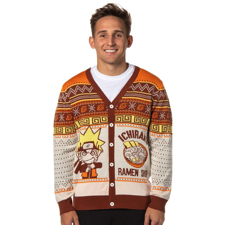 Naruto Shippuden Men s Ichiraku Ramen Shop Ugly Christmas Sweater Button Up Knit Cardigan
