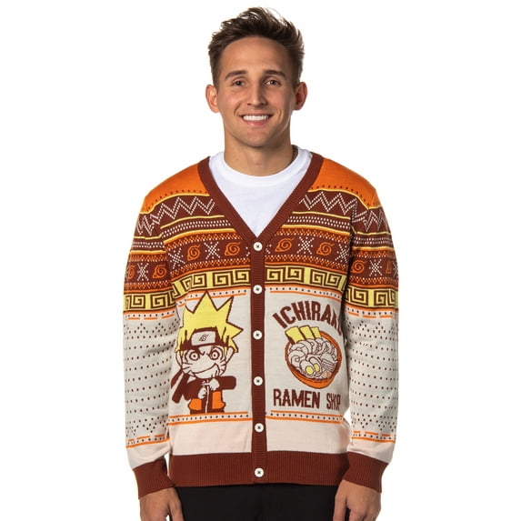 Naruto Shippuden Men's Ichiraku Ramen Shop Ugly Christmas Sweater Button-Up Knit Cardigan
