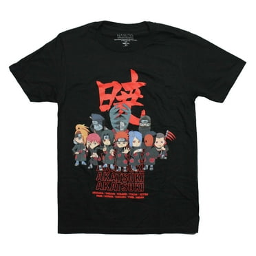 Naruto Shippuden Mens T-Shirt -Chibi Akatsuki Cast with Names Logo on Back (Small)