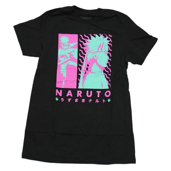 Naruto Shippuden Mens T-Shirt - Neon Aqua Pink Action Boxes (Large)