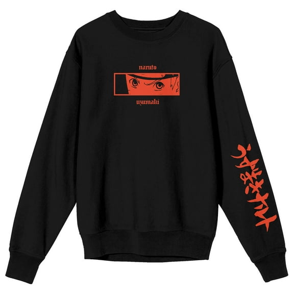 Naruto Shippuden Naruto Close Up Crew Neck Long Sleeve Black Fleece Adult Sweatshirt-Large
