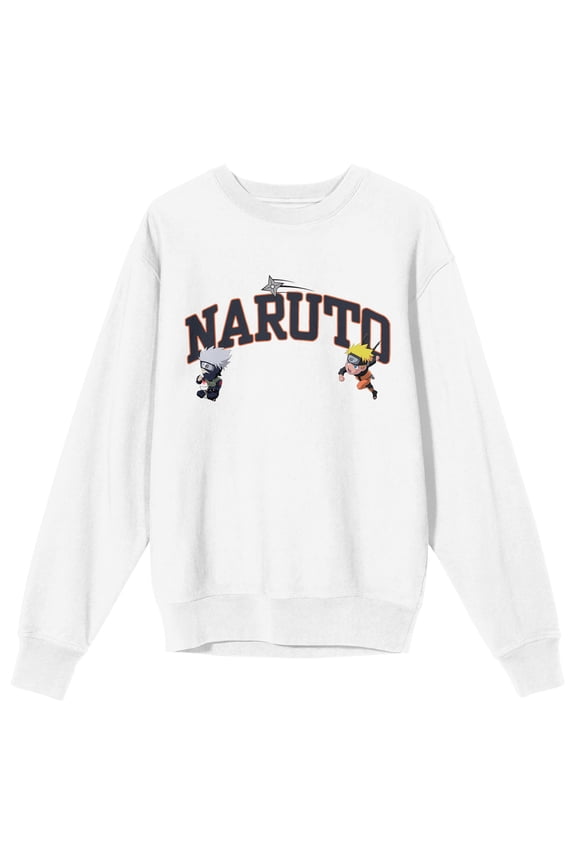 Naruto Shippuden Naruto & Kakashi Chibi Characters Crew Neck Long Sleeve White Adult Sweatshirt-Large