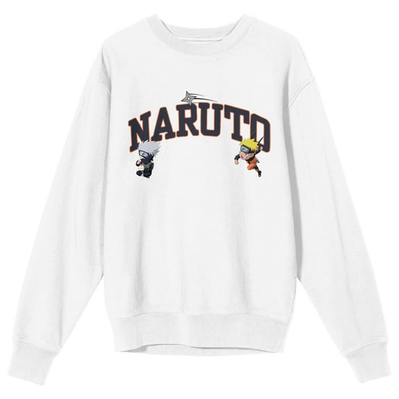 Naruto Shippuden Naruto & Kakashi Chibi Characters Crew Neck Long Sleeve White Adult Sweatshirt-XXL