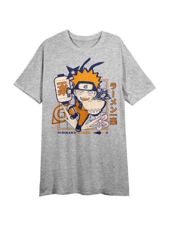 Naruto Shippuden Naruto With Ichiraku Ramen Crew Neck Short Sleeve Athletic Heather Women's Night Shirt-Small