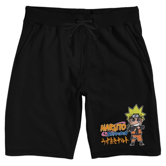 Naruto Shippuden Naruto and Title Logo Men's Black Graphic Sleep Shorts-3XL