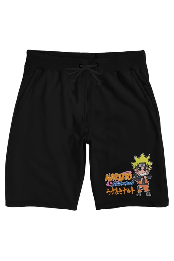 Naruto Shippuden Naruto and Title Logo Men's Black Graphic Sleep Shorts-Small