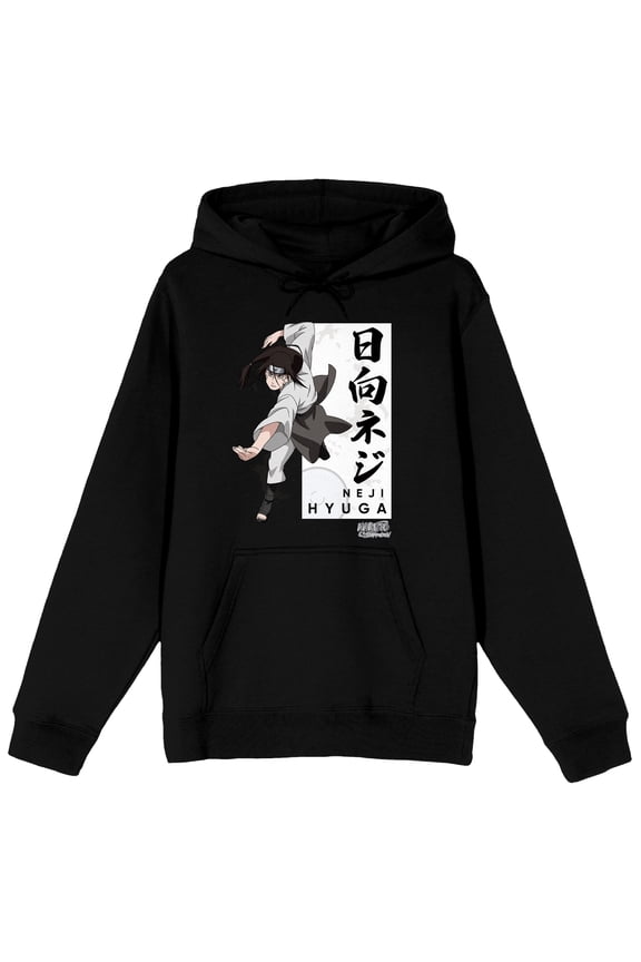 Naruto Shippuden Neji Hyuga Kanji Adult Black Long Sleeve Hooded Sweatshirt-Medium