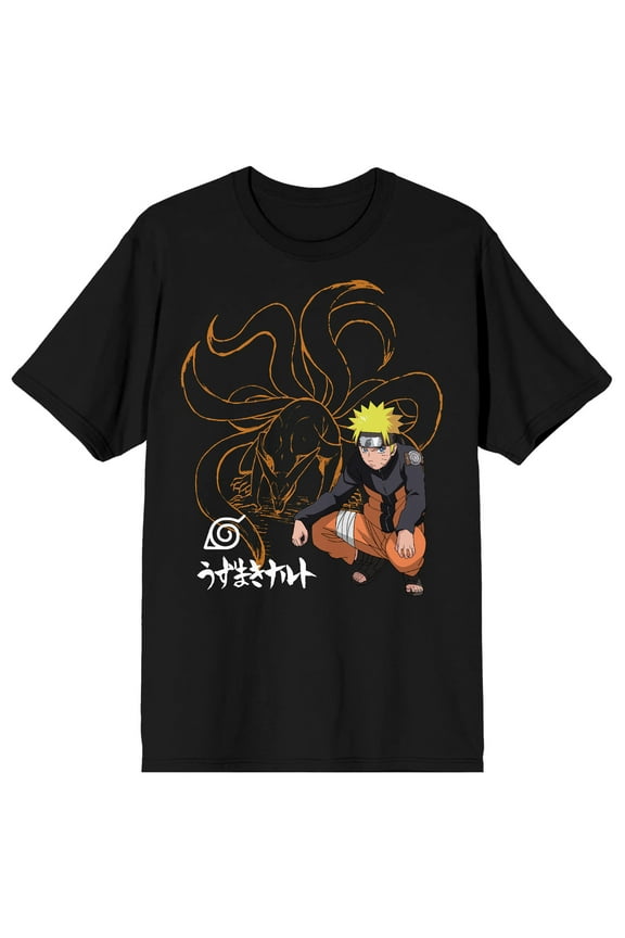 Naruto Shippuden Nine Tails Line Art Crew Neck Short Sleeve Men's Black T-shirt-Medium