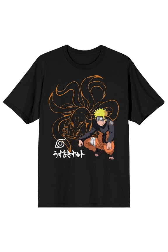 Naruto Shippuden Nine Tails Line Art Crew Neck Short Sleeve Men's Black T-shirt-XXL
