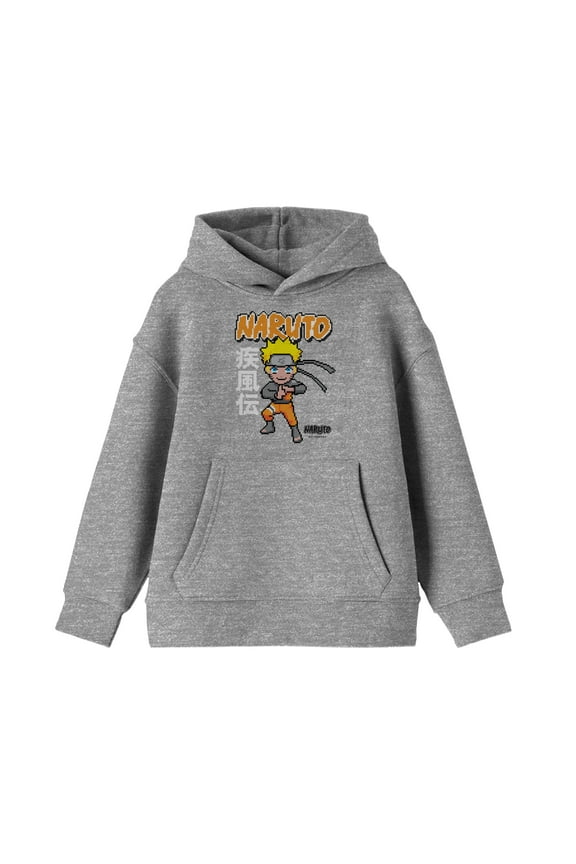Naruto Shippuden Pixel Character Youth Athletic Gray Graphic Hoodie-M