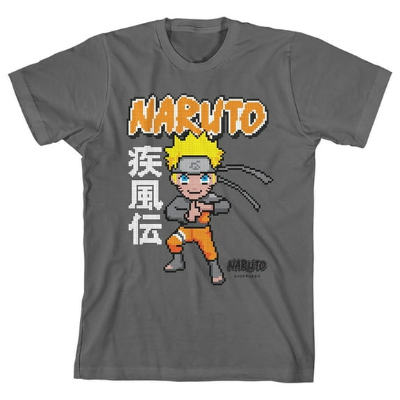 Naruto Shippuden Pixel Character Youth Charcoal Graphic Tee-M