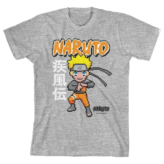 Naruto Shippuden Pixel Character Youth Heather Gray Graphic Tee-L