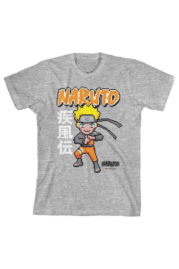 Naruto Shippuden Pixel Character Youth Heather Gray Graphic Tee-M