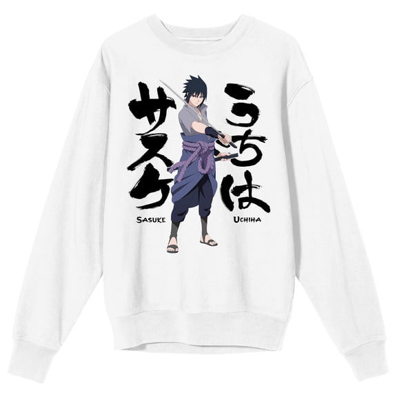 Naruto Shippuden Sasuke Character Women’s White Crew Neck Sweatshirt-Small