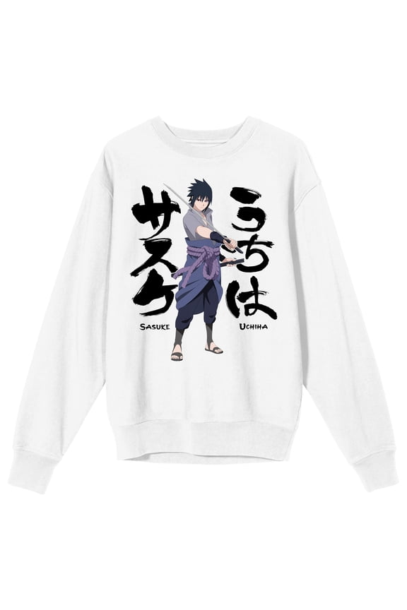 Naruto Shippuden Sasuke Character Women’s White Crew Neck Sweatshirt-Small