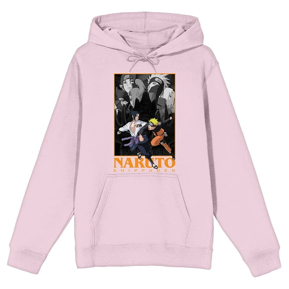 Naruto Shippuden Sasuke & Naruto Long Sleeve Cradle Pink Men's Hooded Sweatshirt-Large