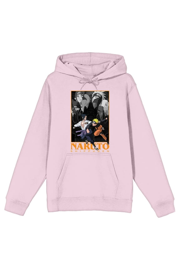 Naruto Shippuden Sasuke & Naruto Long Sleeve Cradle Pink Men's Hooded Sweatshirt-Small