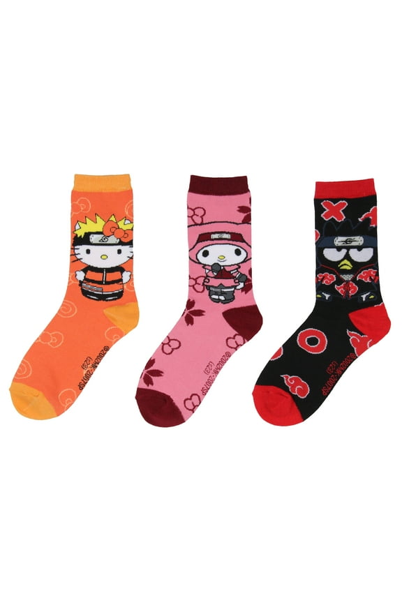 Naruto Shippuden X Hello Kitty And Friends Adult 3-Pack Crew Socks For Men And Women