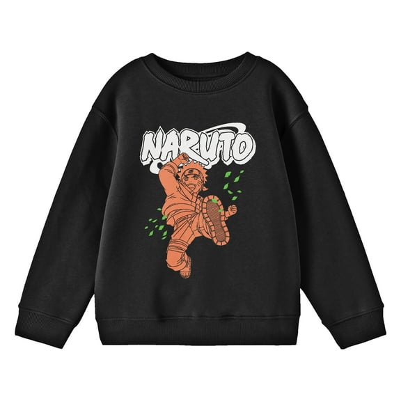 Naruto Single Color Leaping Naruto Crew Neck Long Sleeve Youth Black Sweatshirt-Small