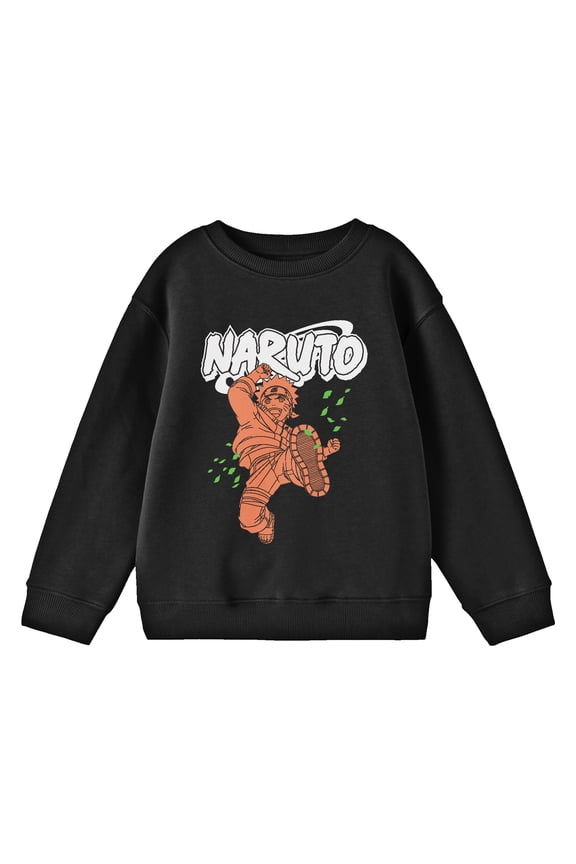 Naruto Single Color Leaping Naruto Crew Neck Long Sleeve Youth Black Sweatshirt-Small