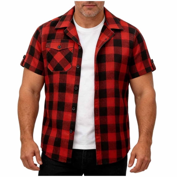 Narveanno Button Up Shirts for Men Big and Tall Plaid Short Sleeve Casual Shirt Red,3XL
