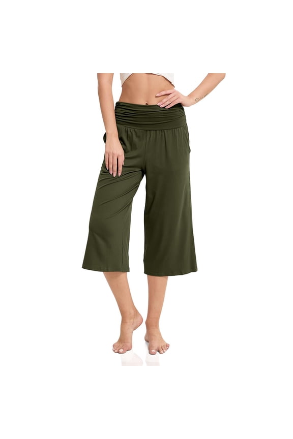 Capri Pants for Women Capris Wide Leg Pants Woman Yoga Pants with Pockets Loose Casual Work Flare Crop Pants Army Green,S