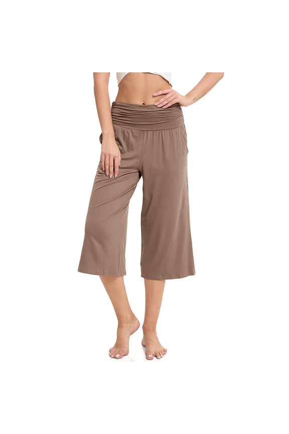 Capri Pants for Women Capris Wide Leg Pants Woman Yoga Pants with Pockets Loose Casual Work Flare Crop Pants Khaki,M