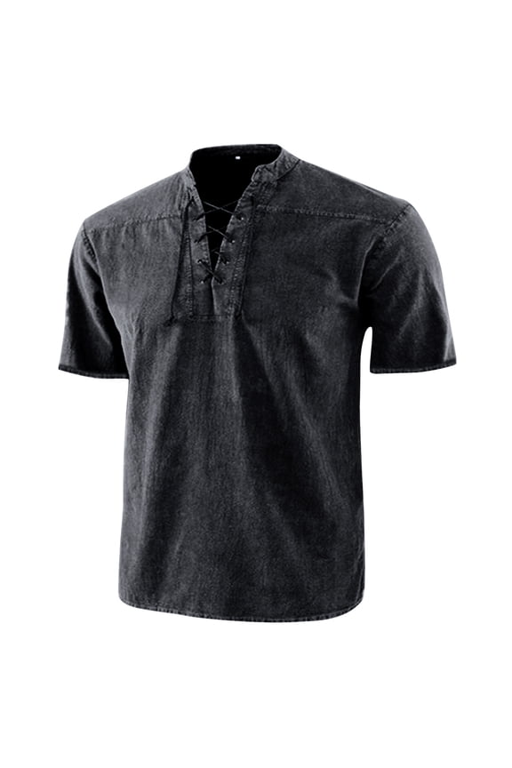 Mens Renaissance Costume Beach Shirts Short Sleeve Lace up Viking Pirate T-Shirts V Neck Hippie Yoga Tops Black,L