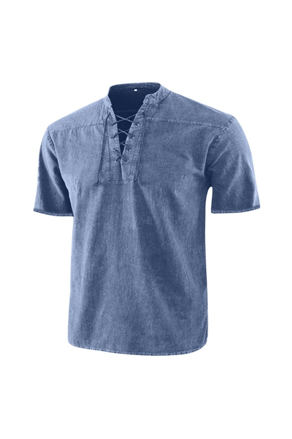 Mens Renaissance Costume Beach Shirts Short Sleeve Lace up Viking Pirate T-Shirts V Neck Hippie Yoga Tops Blue,S
