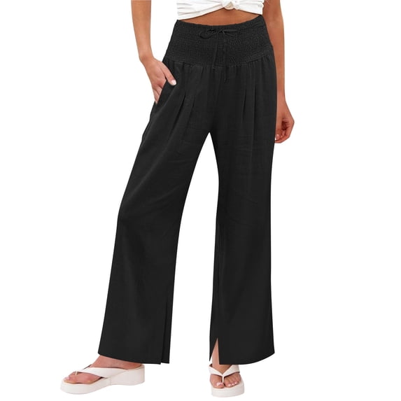 Narveanno Wide Leg Pants for Women Flowy Palazzo Drawstring Elastic Waist Trousers with Pockets Summer Beach Vacation Clothes Black,L