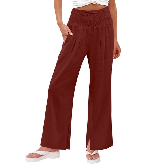Narveanno Wide Leg Pants for Women Flowy Palazzo Drawstring Elastic Waist Trousers with Pockets Summer Beach Vacation Clothes Red,L