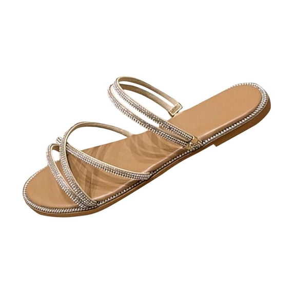 Narveanno Women's Glitter Rhinestone Flat Criss Cross Strappy Open Toe Sandals Slip On Slippers Brown 6.5